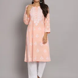 PARAMOUNT CHIKAN Peach Cotton Lucknowi Chikankari Straight Kurta image 1