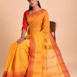 Jaypore Mustard Yellow Cotton Self Design Hand Woven Saree image 3