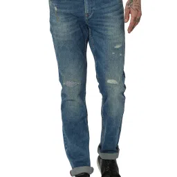 Mufti Blue Slim Fit Heavily Washed Distressed Jeans image 1