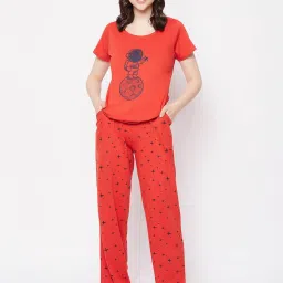 Clovia Red Cotton Printed Top With Pyjamas image 1