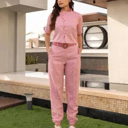BInfinite Pink Coral Chambray Crop Blazer and Joggers-image-3