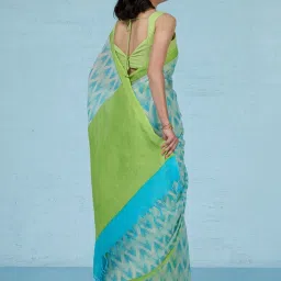 Taneira Blue Linen Printed Saree With Unstitched Blouse image 2