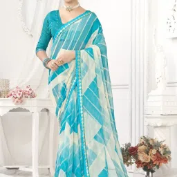 Saree Mall Blue & White Striped Saree With Unstitched Blouse image 1