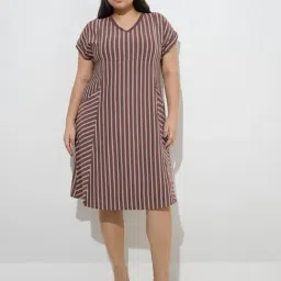 Gia by Westside Brown Stripe Patterned Cotton-Blend Straight Dress-picture-20