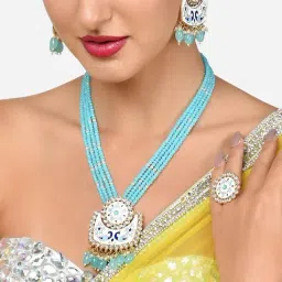 Zaveri Pearls Blue White Peacock Enamel Multistrand Crystal Necklace Earring Ring Set-ZPFK15914-image-67