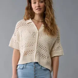 American Eagle Beige Cotton Regular Fit Crochet Shirt-picture-14