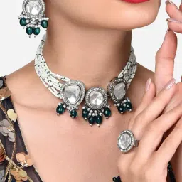 Zaveri Pearls Green Multistrand Dazzling Stones Choker Necklace Earring & Ring Set-ZPFK15912-picture-46