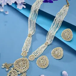 Zaveri Pearls Gold Tone Kundan Multistrand Long Bridal Necklace Earring & Ring Set-ZPFK15913-picture-35