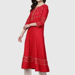 YASH GALLERY Red Cotton Printed A Line Kurta image 3