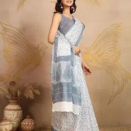 SHANVIKA White & Grey Cotton Floral Saree Without Blouse Piece image 3