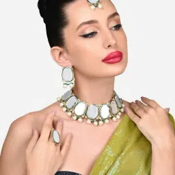 Zaveri Pearls Green Kundan Bridal Choker Necklace Earring Maangtikka Ring Set-ZPFK15919-picture-21