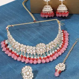 Zaveri Pearls Turquoise Blue Pink Kundan Choker Necklace Earring Maangtikka Ring Set-ZPFK15930-picture-22