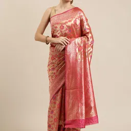 Mitera Pink & Gold-Toned Floral Zari Saree-picture-49