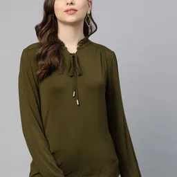 Marks & Spencer Olive Green Tie-Up Neck Long Puff Sleeve Top-picture-14