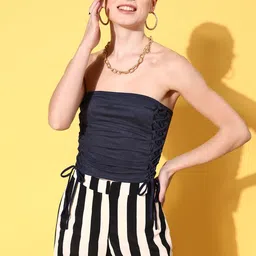 Veni Vidi Vici Navy Blue Suede Finish Ruched Off-Shoulder Tube Crop Top image 1