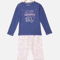 mackly Girls Navy Blue & Pink Let's Have Adventures Printed Night Suit-picture-11