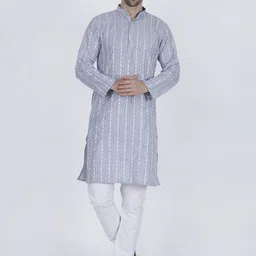 JASHNA Geometric Woven Design Thread Work Mandarin Collar Straight Kurta with Pyjamas-picture-19