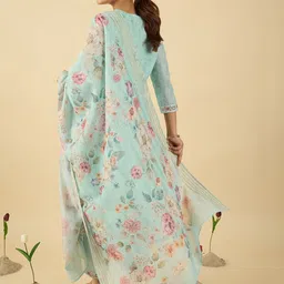 Indo Era Women Floral Printed Regular Thread Work Linen Kurta with Trousers & With Dupatta image 2