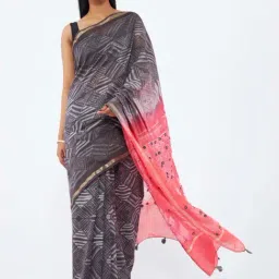 Taneira Grey & Pink Cotton Silk Printed Saree With Unstitched Blouse-picture-25