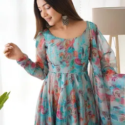 N.B.F Fashion Floral Printed Georgette Anarkali Kurta With Trousers & Dupatta image 3