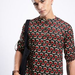 Anouk Rustic Band Collar Indie Floral Printed Roll-Up Sleeves Kurta-picture-7