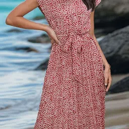 KPOP Women Red Polyester Abstract Printed A-Line Midi Dress-picture-14