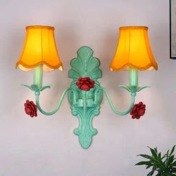 Fos Lighting Green 12-Inch Dual-Light Steel Wall Lamp With Yellow Scallop Bell Fabric Shades-picture-12