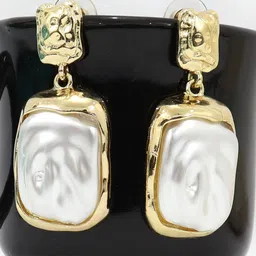 KRENOZ Stainless Steel Gold Plated Pearl Beaded Geometric Drop Earrings-picture-29