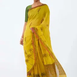 Taneira Yellow Printed Saree With Unstitched Blouse-image-45