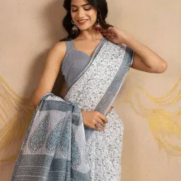 SHANVIKA White & Grey Cotton Floral Saree Without Blouse Piece image 5