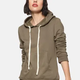 Campus Sutra Women Olive Green Solid Hooded Sweatshirt-image-72