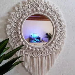 GUL DECOR | Handmade Cotton Macrame Wall Hanging Mirror with Boho Fringes, Bohemian Art Decorative Aina for Make-Up, Dressing, Living Room, Bedroom, Off-White, Dia 18 Inches, Style 46 image 2