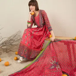 Indo Era Women Ethnic Motifs Printed Panelled Pure Cotton Kurta with Trousers & With Dupatta image 5