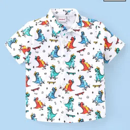 Babyhug 100% Knitted Collar Half Sleeves Shirt Dino Print- White-picture-21