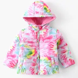 Babyhug Full Sleeves Front Open Padded Hooded Jacket with Abstract Print - Pink-picture-25