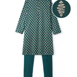 Earthy Touch Single Jersey Knit Full Sleeves Foil Printed Kurta Pyjama Set - Green-picture-27