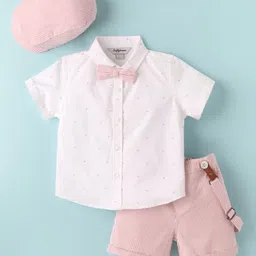 ToffyHouse Cotton Woven Half Sleeves Printed Shirt & Shorts With Bow Suspender & Hat - White & Light Red-picture-19