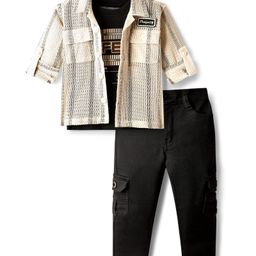 Dapper Dudes Full Sleeves Striped Shirt With Typography Printed Tee & Pant Set - Cream-picture-14