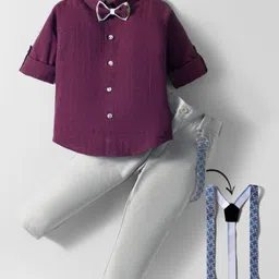 Rikidoos Full Sleeves Textured Shirt Pant With Bow & Suspender Set - Wine & Grey-picture-12