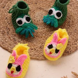 MayRa Knits Hand Knitted Woven Pack Of 2 Octopus & Bunny Applique Detailed Booties - Green & Yellow-picture-34