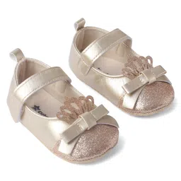 Cute Walk by Babyhug Velcro Closure Booties with Shimmer Floral Applique - Golden image 2