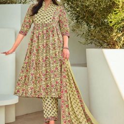SZN Women Floral Printed Cotton Anarkali Kurta with Trousers & Dupatta-picture-16