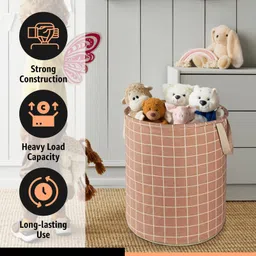 Kuber Industries Cotton 45L Toys Organizer for Kids Room - Foldable Soft Toys Storage Bag/Basket/Container with Handles | Checks -Light Brown image 4