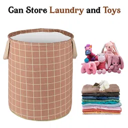 Kuber Industries Cotton 45L Toys Organizer for Kids Room - Foldable Soft Toys Storage Bag/Basket/Container with Handles | Checks -Light Brown image 5