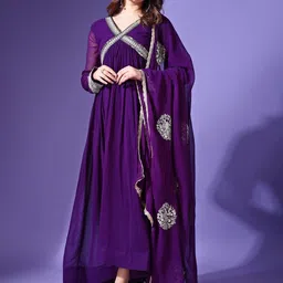 KALINI V-Neck Gathered Gown Maxi Ethnic Dress With Dupatta-picture-37