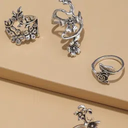 Oomph Vintage Floral Oxidized Silver Tone Metal Crystal Casual Ring - Set of 4 image 1