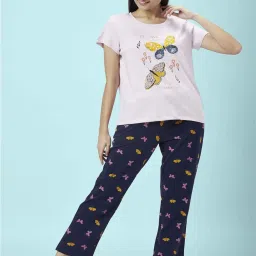 Dreamz by Pantaloons Pink & Navy Cotton Printed T-Shirt & Pyjama Set image 1