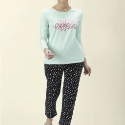 Dreamz by Pantaloons Sea Green & Navy Cotton Printed T-Shirt & Pyjama Set image 1