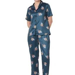 Smarty Pants Teal Blue Satin Print Shirt With Pyjamas image 1