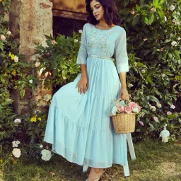 Wishful by W Blue Embroidered Flared Kurta-image-38
